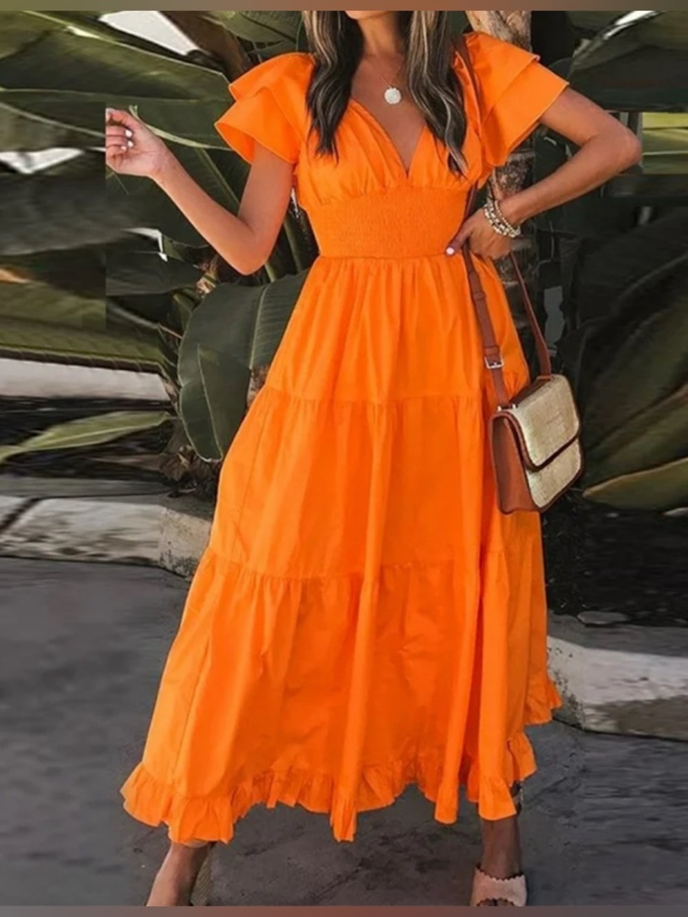 Flutter Sleeve V-Neck Maxi Dress in Bright Orange